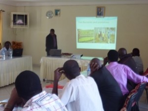 DFO Loccal Government Kabarole Mr. Muhirwa Timothy, making a presentation on the status of Forestry during the coalition meeting.